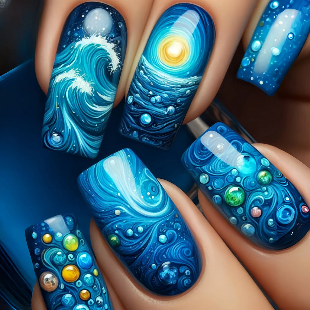 24pcs/set medium long fake nails fashion butterfly feather forest sea wave design gradient blue purple green press on false nail