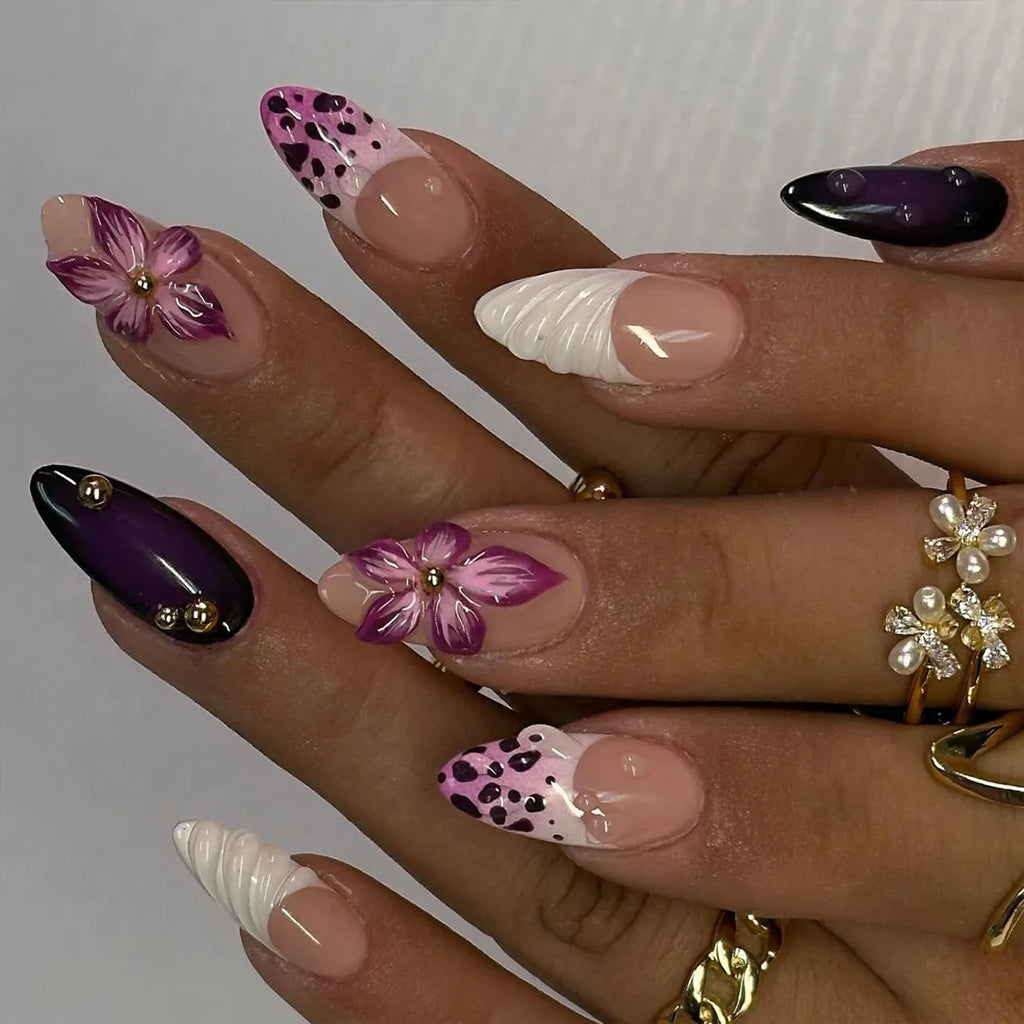 24pcs Brown French Leopard Print Press On Nails Stereo Pink Flower Designs Autumn False Nails Sweet Cool Almond Fake Nail Tips