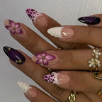 24pcs Brown French Leopard Print Press On Nails Stereo Pink Flower Designs Autumn False Nails Sweet Cool Almond Fake Nail Tips