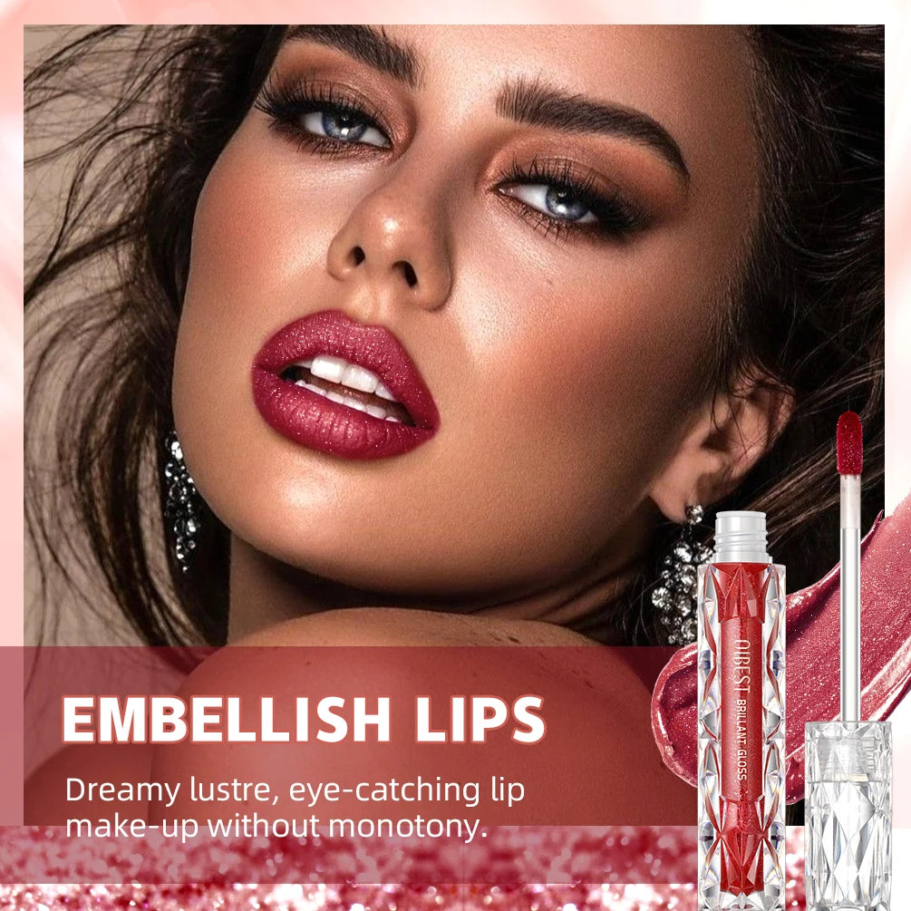 QIBEST Shimmer Lip Gloss Diamond Glitter Lip Tint Waterproof Long Lasting Matte Liquid Lipstick Red Purple Lipgloss Women Makeup