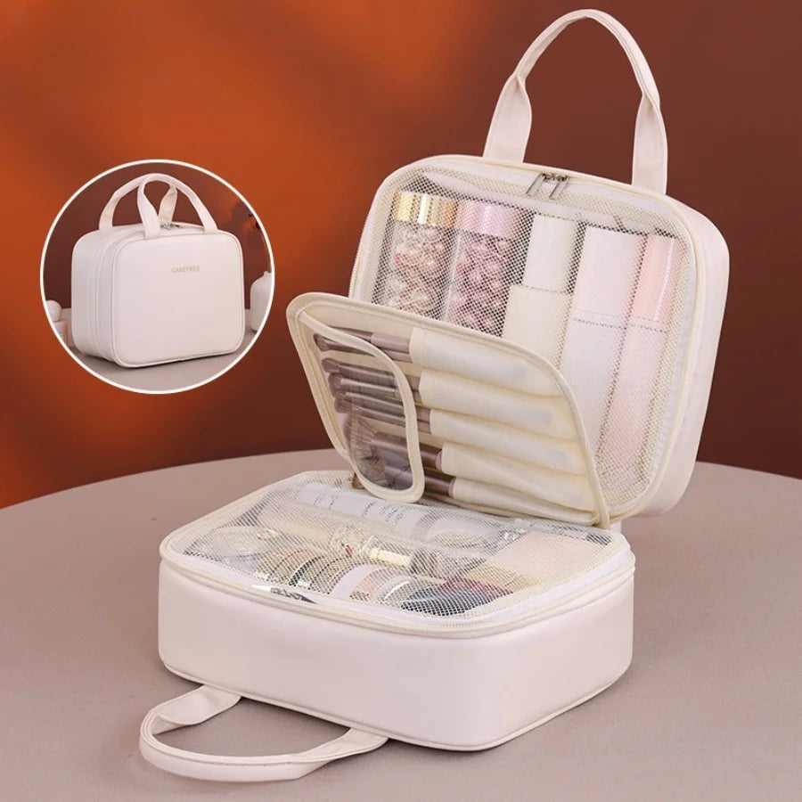 Multifunctional Makeup Bag For Women PU Leather Large Capacity Portable Double Zipper Travel Makeup Brush Toiletries Storage Bag