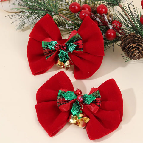 2Pcs Christmas Red Bow Hair Clips With Small Bell For Girls Plaid Pattern Velvet Bow Hairpins Xmas Party Hair Accessories Gifts