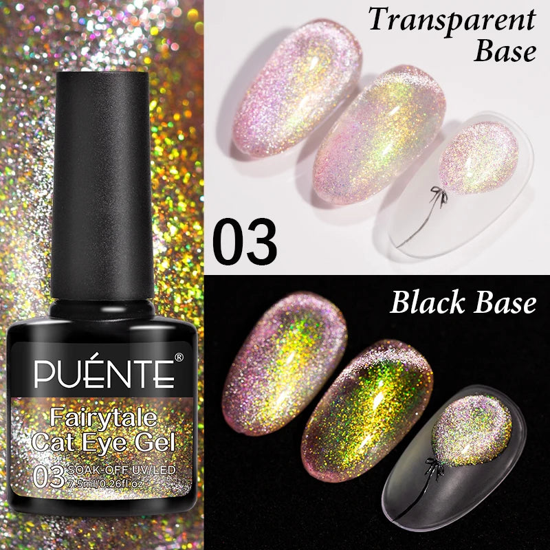 PUENTE 7.5ML Blue Laser Cat Magnetic Gel Nail Polish Sparkling Holographic Rainbow Cat Eye Gel Soak Off UV/LED Nail Art Varnish