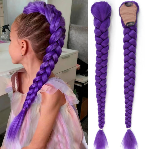 Synthetic Braided Purple Hair Ponytail Rumi Costume Hairstyle 26inch Long Ponytail with Clips for Kids Girls Halloween Christmas
