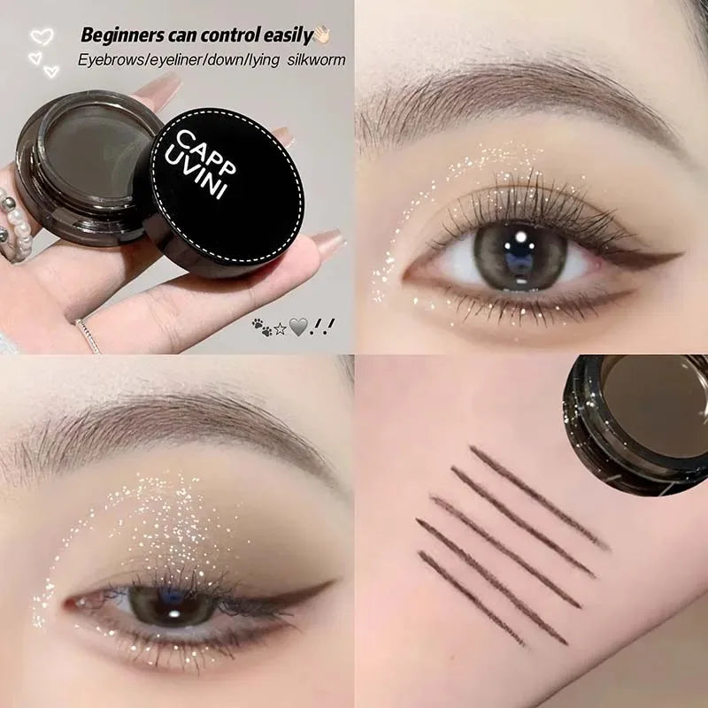 Natural Black Eyeliner Gel Cream with Brush Waterproof Lasting Non Smudging Matte Brown Easy Wear Eyebrow Silkworm 3 in 1 Makeup