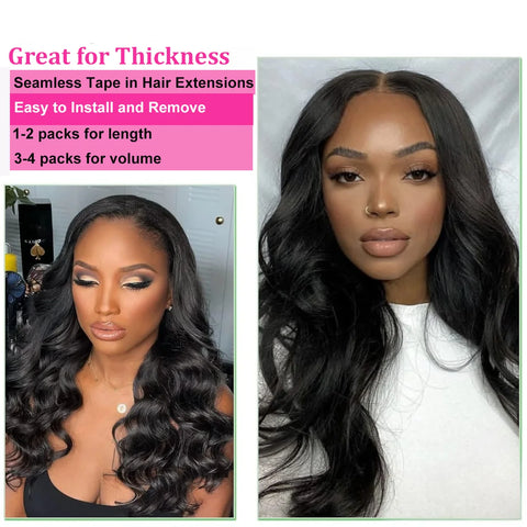 Body Wave Invisible Adhesive Tape In Hair Extensions 20pcs/Pack Skin Weft Tape Ins Machine Remy Human Hair For Women #1B