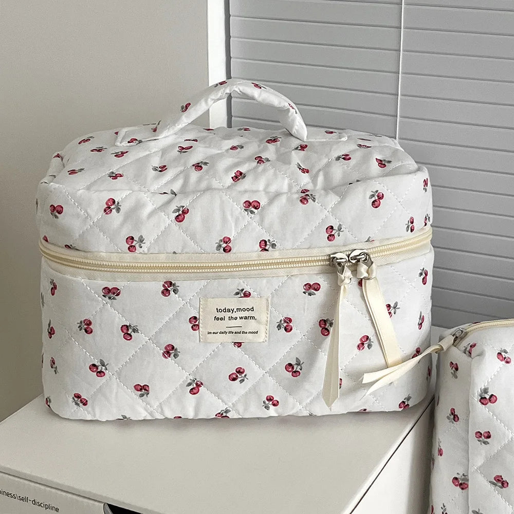 Wholesale Cherry Tote Women Makeup Bag Portable Cute Ladies Cosmetic Toiletry Storage Pouch Handbag Cotton Quilted Zipper Bag