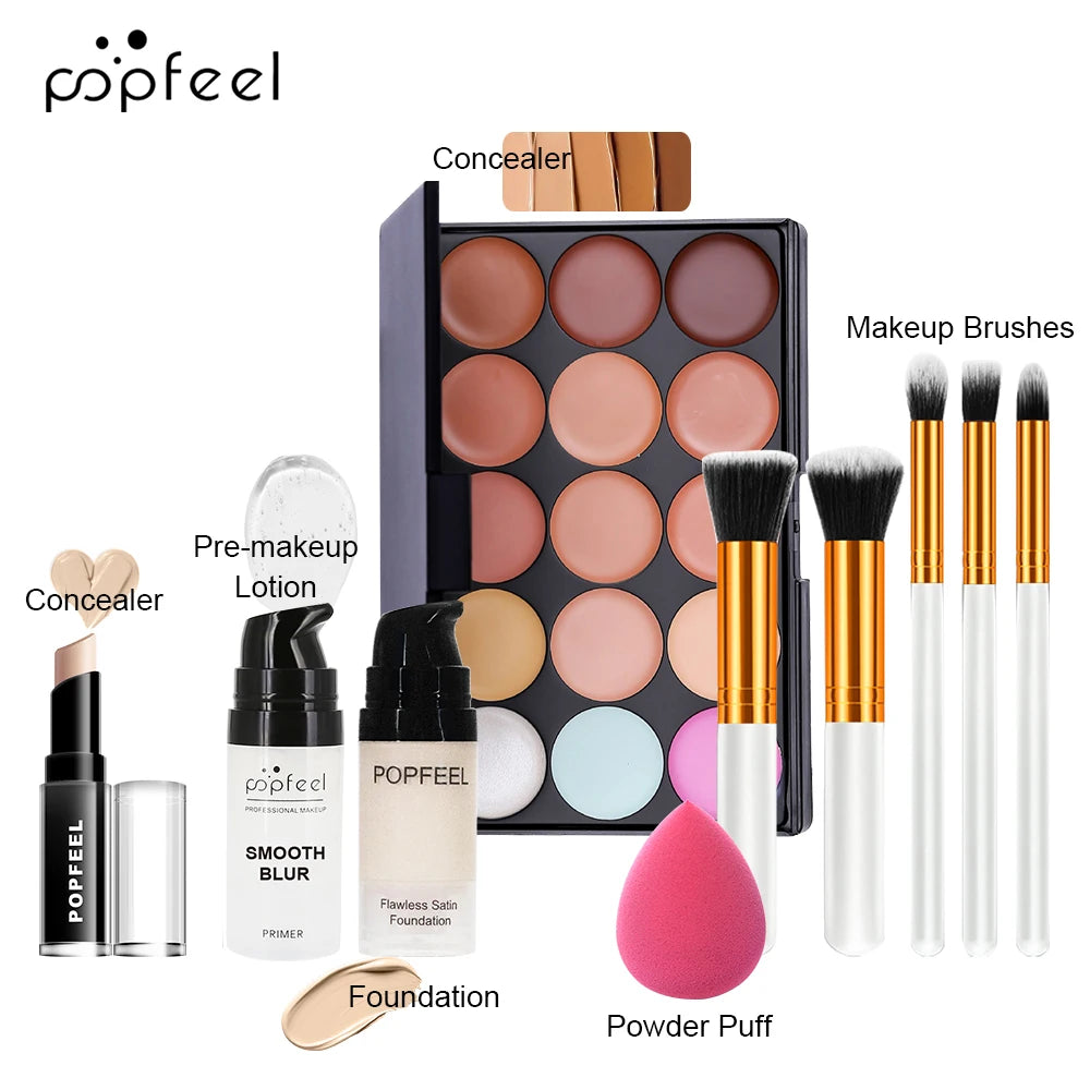 POPFEEL 10-Piece Face Makeup Set - Beginner-Friendly Foundation, Concealer & Brush Combo - Complete Face Makeup Kit for Flawless