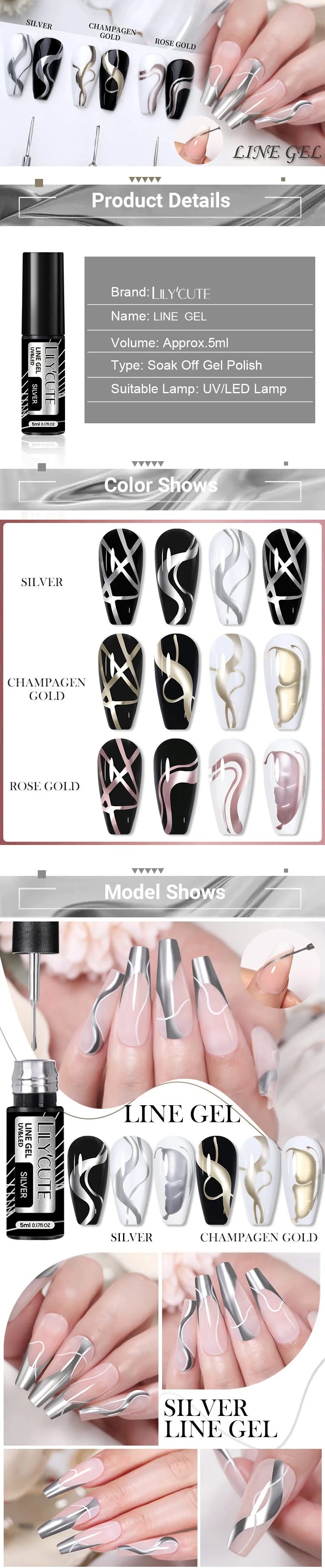 LILYCUTE 3PCS Gold Sliver Metallic Liner Gel Nail Polish French Style Super Bright Mirror Pull Line Graffiti Painting Stripe Gel