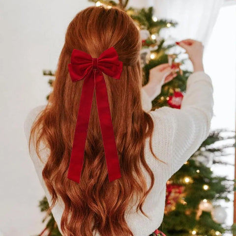 Velvet Hair Clip for Women Elegant Handmade Black Red Green Double Bows Barrette Pin Long Tassel Hair Accessories Christmas Gift
