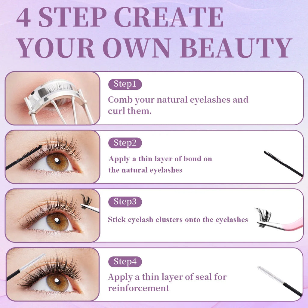 DIY Lash Extension Mix Styles Individual Lash Clusters with Bond&Seal Remover Tweezers Lash Brush eye Makeup tool