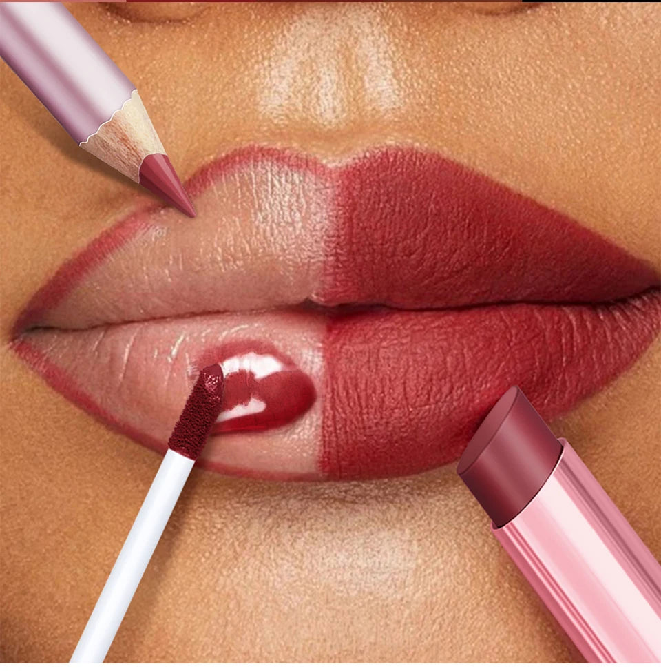 Waterproof Long Lasting Matte Black Lipstick Set Velvet Liquid Lip Gloss Lip Liner Set Red Stain Halloween Goth Makeup
