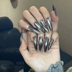 24pcs Long Pointed Fake Nail Patches Glossy Dark Black Cool Wearable Press ON Nails Solid Color Full Cover Artificial False Nail