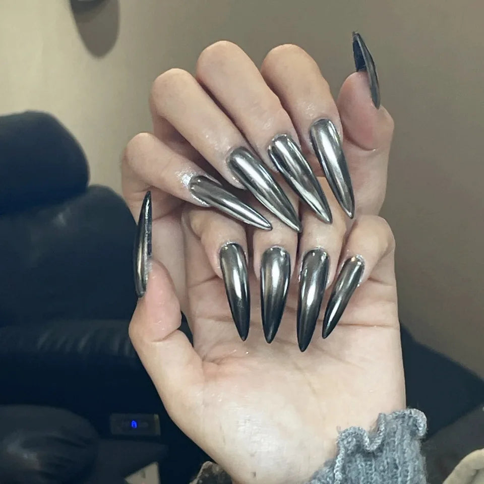 24pcs Long Pointed Fake Nail Patches Glossy Dark Black Cool Wearable Press ON Nails Solid Color Full Cover Artificial False Nail
