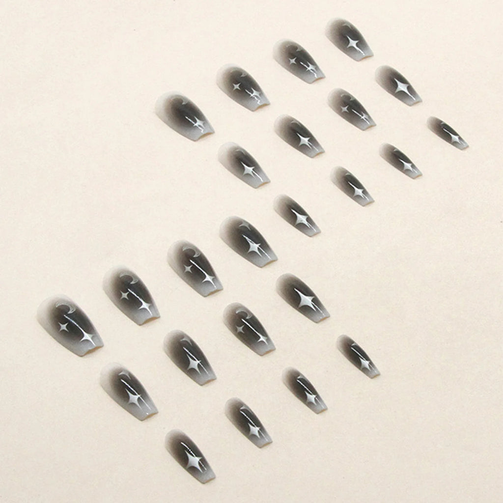 24pcs Y2k Star Press On Nails Gradient Black Mid-length Coffin False Nail Tips Full Cover Moon Designs Fake Nail For Cool Girls