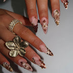 3D fake nails for women girls Gradient brown blue embossed flowers with rhinestones fall winter almond tips press on false nail