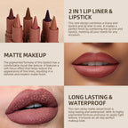 Matte Lip Makeup Kit 2pcs Waterproof Long Lasting Lip Liner and Lip Oil Combo Red Brown Pink Nude Tones Lipstick Set