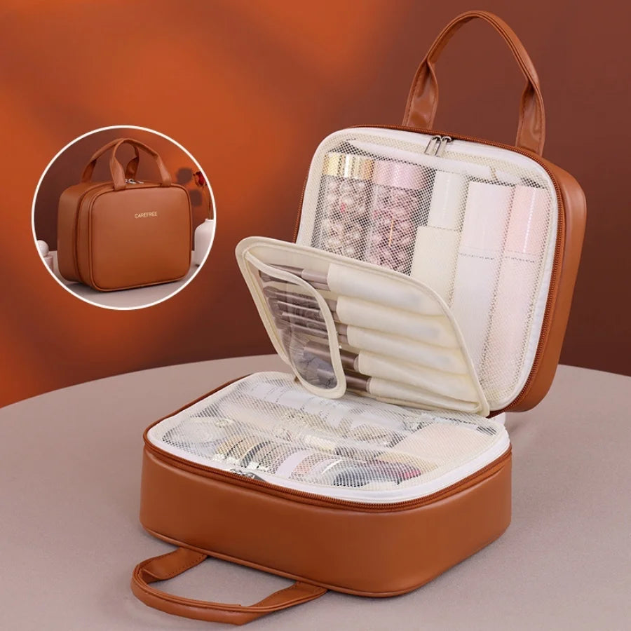 Multifunctional Makeup Bag For Women PU Leather Large Capacity Portable Double Zipper Travel Makeup Brush Toiletries Storage Bag