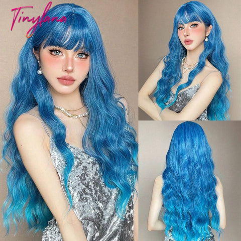 Long Curly Green Wave Synthetic Wigs with Bangs for Women Christmas Grass Green Cosplay Wigs Daily Natural Hair Heat Resistant