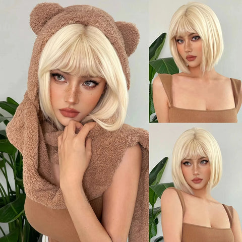Short Straight Bob Light blonde synthetic wig Ladies straight bangs Hot silk wig Christmas party Cosplay daily wear wig
