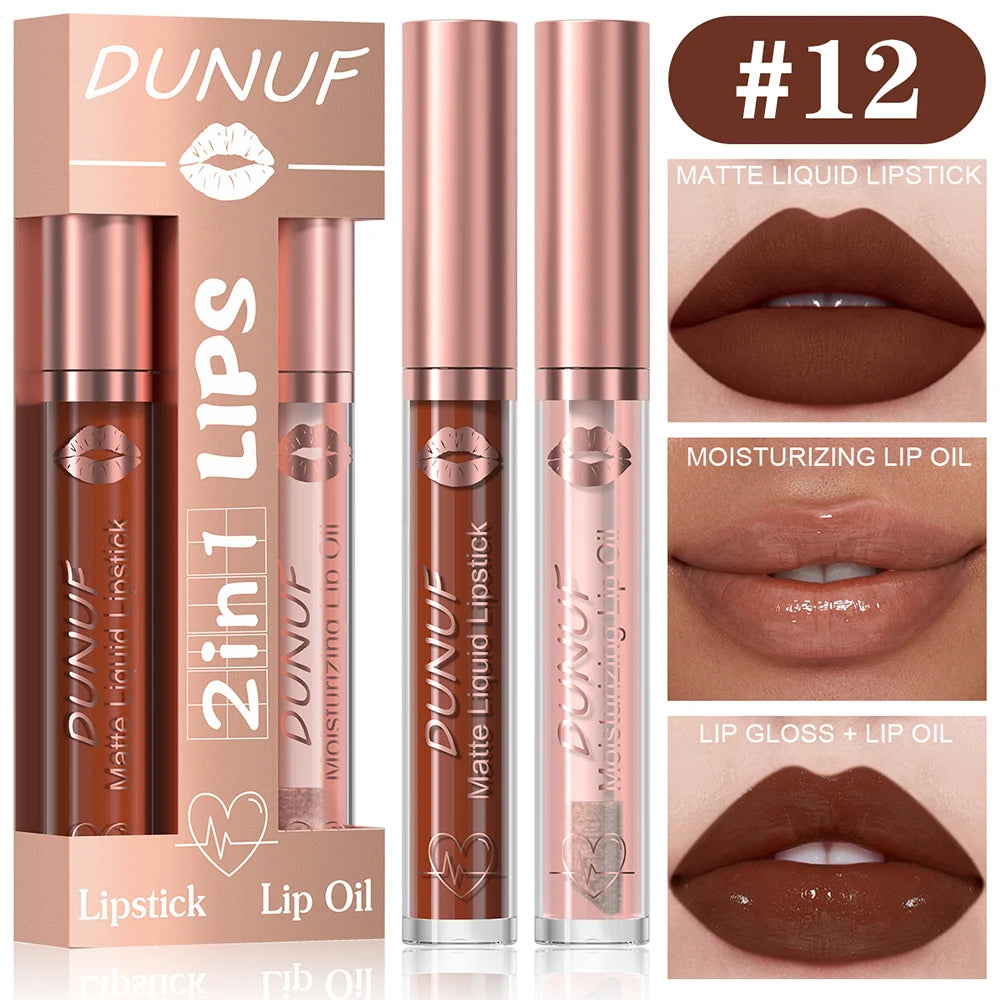 DUNUF Lip Gloss And Lip Oil Set 2-Piece Long-Lasting Waterproof Matte Moisturizing Non-Fading Lipstick Collection