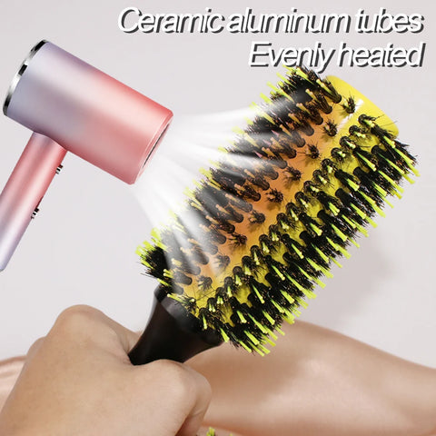 Gute Volumizing Roller Brush for Curls - Boar & Nylon Bristles, Non-Slip Handle (Yellow/Black) - Salon & Home Hair Styling Tool
