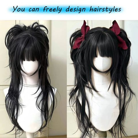 Synthetic Long Curly Wavy Lolita Wig with Bangs Double ponytail Wig Girl Cute Blonde Cosplay Party Halloween Christmas Wig
