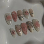 24pcs Sweet False Nail Patches Detachable Fake Nail Tips With Bowknots Love Heart Pearl Design Pink Almond Korean Press On Nail