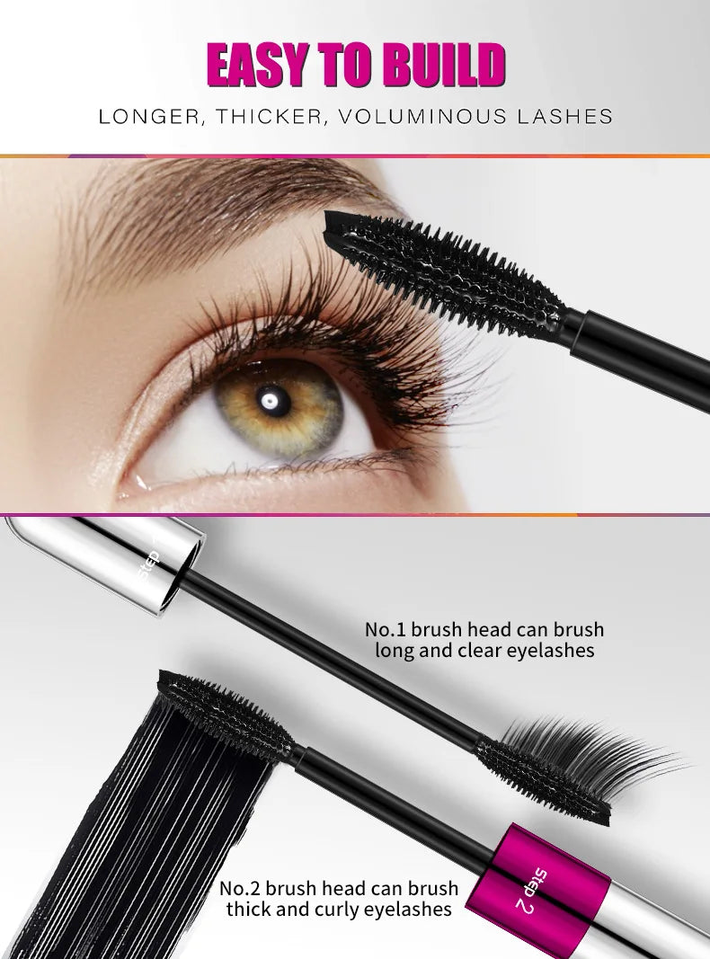 QIC Double Effect 4D Mascara Waterproof Long Curl Natural Thick Eyelash 2-in-1 Black Mascara with 2 Brush Heads