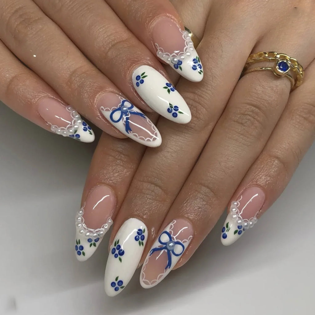24pcs Sweet False Nail Patches Detachable Fake Nail Tips With Bowknots Love Heart Pearl Design Pink Almond Korean Press On Nail