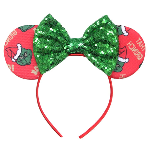 2023 Disney Christmas Mickey Ears Headband For Girls Sequins Bow Festivall Party Hairband DIY Hair Accessories