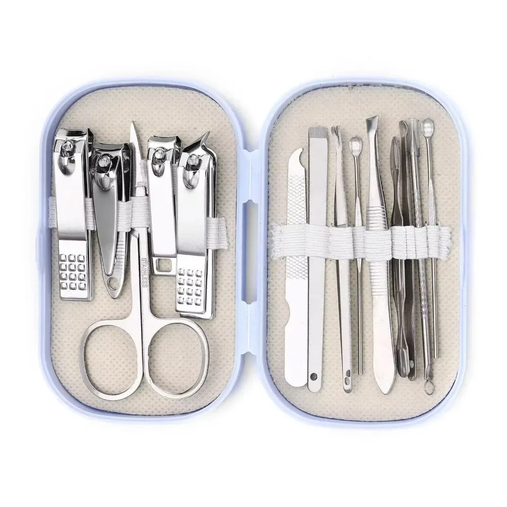 14 Piece Deluxe Nail Care Kit Pink & Blue Stainless Steel Manicure & Pedicure Set with Nail Scissors Clippers Ear Digging Spoon