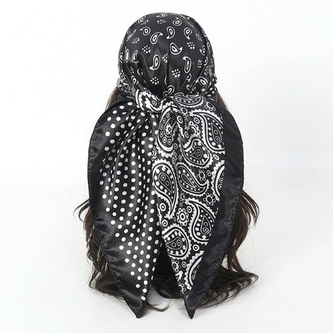 Satin Square Scarf Women Muslim Hijab Elegant 2025 Print Silk Neckerchief Shawl Wraps Headband Handle Hair Accessories Bandana