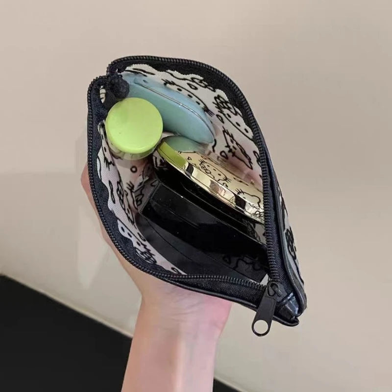 Kawaii Sanrio Hello Kitty Coin Purse Anime Cartoon Fashion KT Mesh Style Portable Makeup Bag Earphone Storage Bag Holiday Gifts