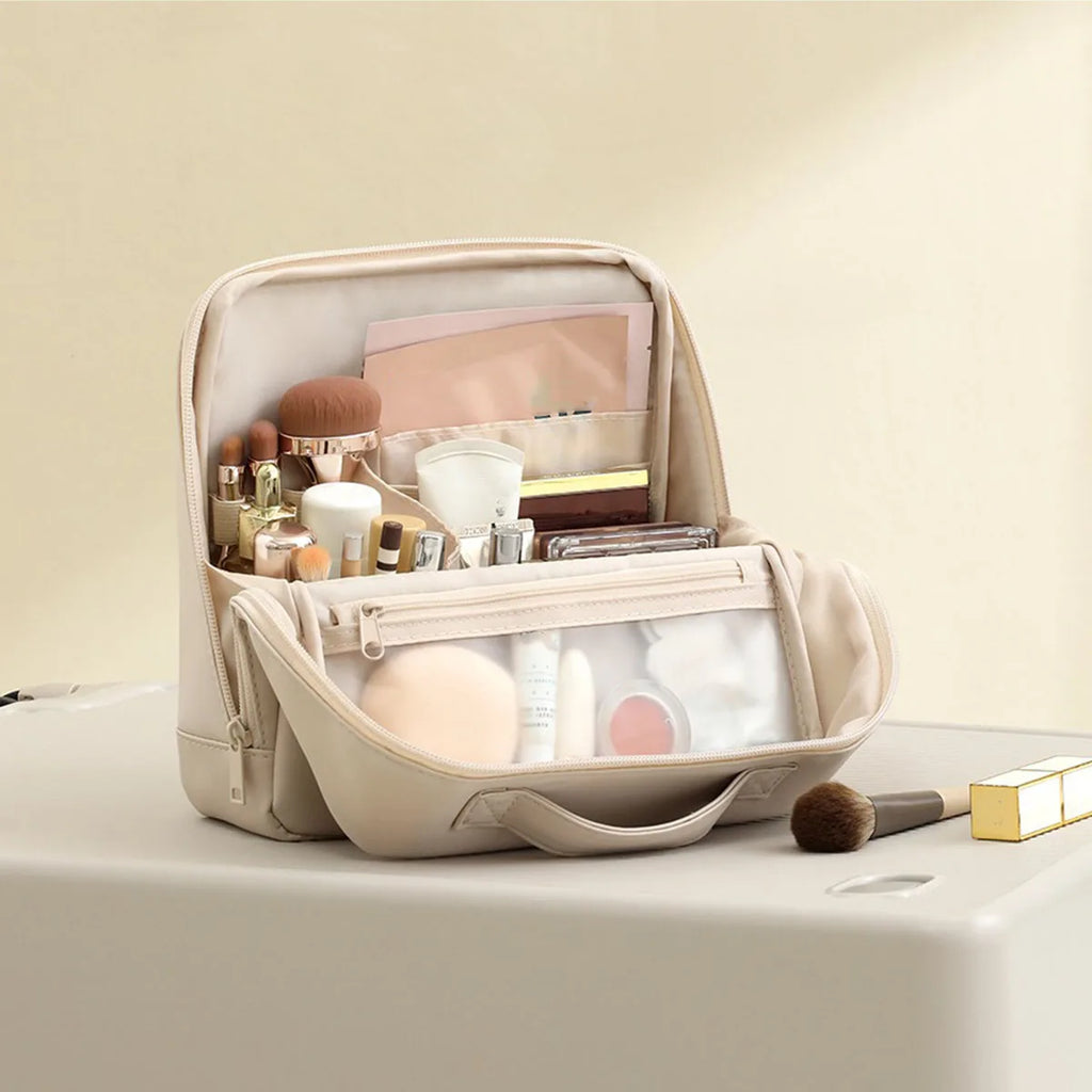 1Pcs Premium PU Leather Vertical Travel Makeup Bag - Multi-Compartment, Large-Capacity & Portable Toiletry Organizer