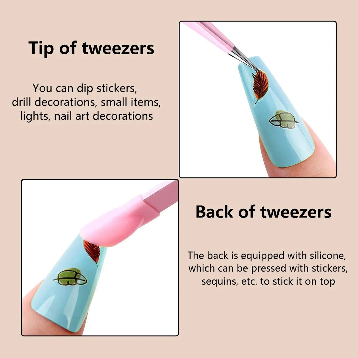 Multi functional nail double ended tweezers with silicone pressure bar, stickers, adhesive drill, clip drill, eyebrow clip
