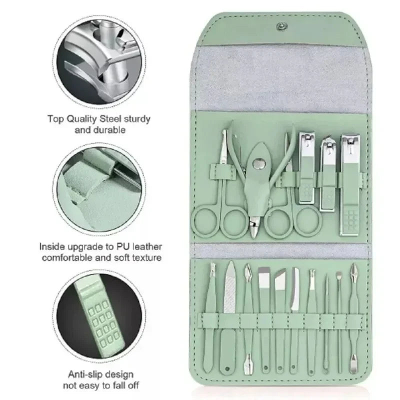 16Pcs Stainless Steel Nail Clippers Cuticle Nippers Set Portable Travel Case Household Manicure Pedicure Grooming Supply