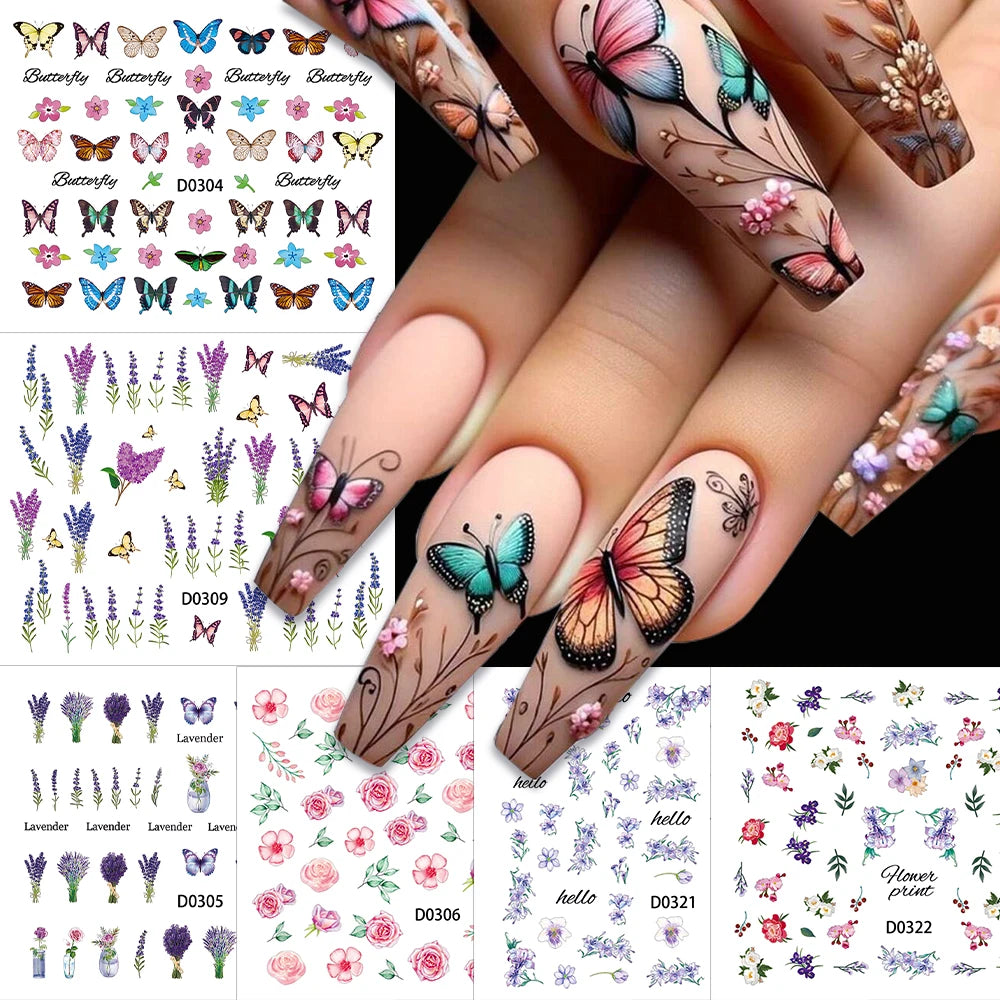 30Pcs/set Colorful Butterfly/Flowers Nail Stickers Kawaii Cute Mini Rose/Lavender/Sunflower Nail Decal DIY Adhesive Nail Floret