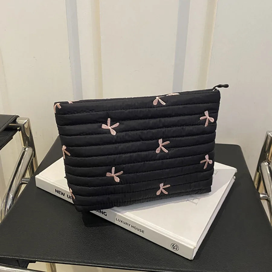 Cute Makeup Bag with Zipper Large Capacity Cosmetic Bag Embroidery Bow Wash Storage Bag