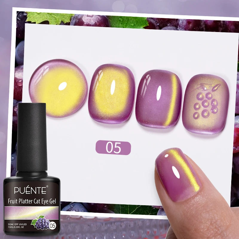 PUENTE 7.5ML Sparkling Pinkish Purple Laser Cat Magnetic Gel Nail Polish Holographic Rainbow Effect Soak Off UV Nail Art Varnish