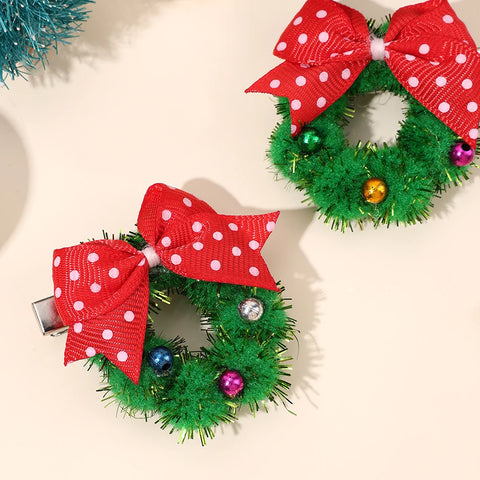 2Pcs Christmas Wreath Hair Clips With Red Polka Dot Bows Cute New Year Hairpins For Girls Children New Headwear Accessories