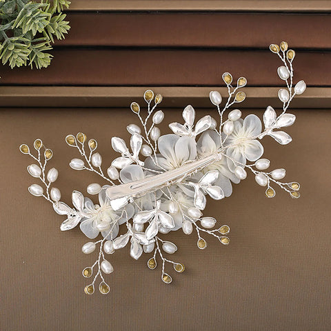 White Silk Flower Hair Clips Elegant Pearls Headpieces Rhinestone Leaf Hairpins Bride Wedding Hair Jewelry Bridal Headdress
