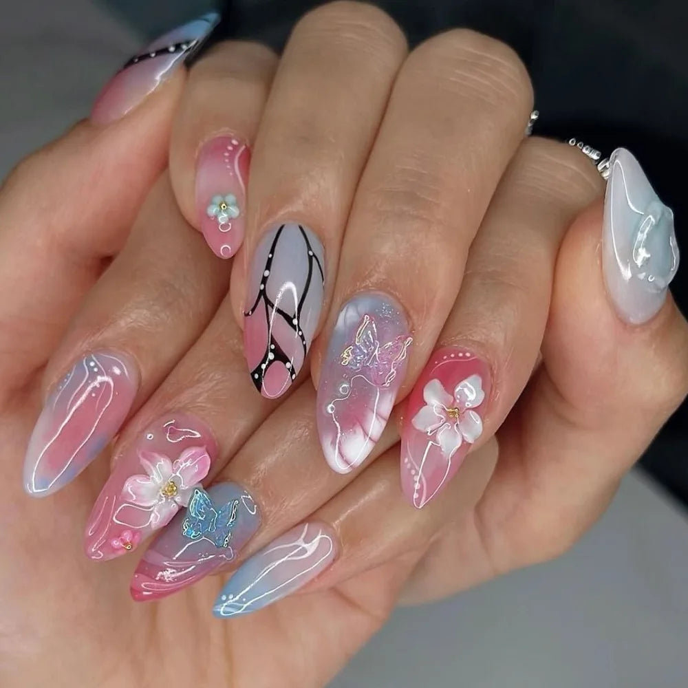 24pcs Tropical Flower Press On Nails Colorful French 3D Crystal Butterfly Shells Pattern Printed False Nails Almond Fake Nail