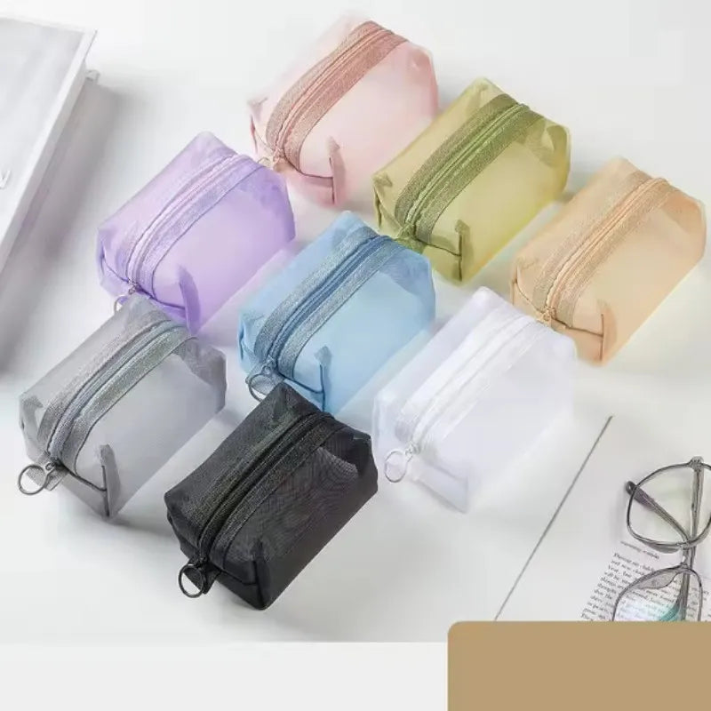 Mini Clear Nylon Mesh Cosmetic Bags Cute Women Small Lipstick Makeup Bags Pouch Data Line Key Earphone Organizer Case