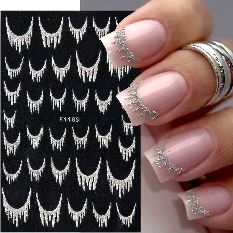 Reflective Glitter French Nail Art Stickers Sparkly Gold Silver Tassel Line Geometric Grids Adhesive Sliders Decals DIY Manicure