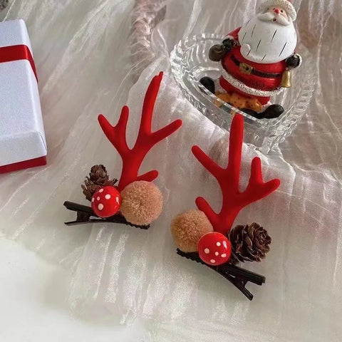 2Pcs Christmas Antler Hair Clips Pendants Xmas Ornaments Merry Christmas Decor for Girl Reindeer Hair Accessories Happy New Year