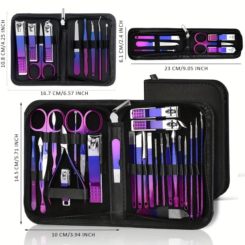 6/9/18/26pcs Manicure Set, Stainless Steel Gradient Professional Pedicure Kit Nail Scissors Grooming Kit With Travel Case