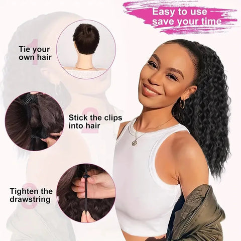 WIGSIN 18Inch Synthetic Kinky Curly Ponytail Hair Short Fluffy Curly Drawstring Clip Hair Extension Black Hairpiece for Women