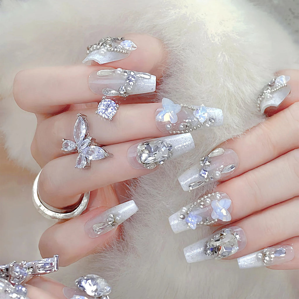 24pcs New Year Heavy Metal Press on Nails Chinese Bride Wedding Fake Nails Full Cover Wearable Shiny Large Crystal False Nails