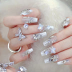 24pcs New Year Heavy Metal Press on Nails Chinese Bride Wedding Fake Nails Full Cover Wearable Shiny Large Crystal False Nails